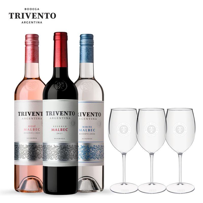 Kit Família Trivento Malbec + 3 taças acrílico de brinde